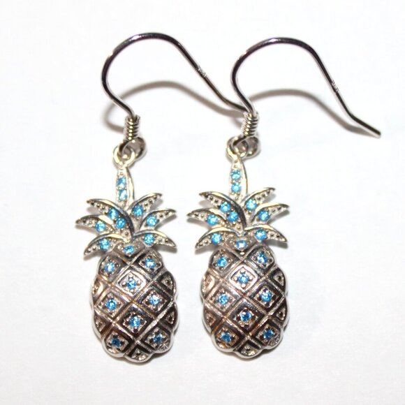 Sterling Silver Blue Cubic Zirconia Pineapple Earrings - Picture 1 of 5